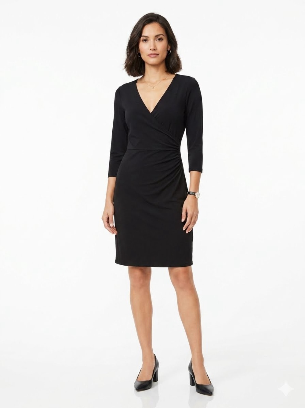 Ann Taylor LOFT Black V-Neck Long Sleeve Ruched Wrap Wedding Guest Dress
